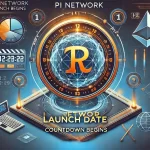 A futuristic digital clock with the Pi Network logo counting down to a launch date. Charts, graphs, and other technical elements surround the clock