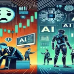 Illustration showing the impact of AI on the stock market, with worried investors monitoring falling stock prices and businesses adopting AI for growth