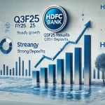 A 3D graphic showcasing HDFC Bank's Q3F25 results. It features an upward-trending bar graph, a pie chart, and a tree graphic, all rendered in a 3D style.
