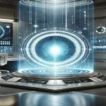 OpenAI Stargate project: A futuristic, cylindrical structure with a glowing blue light emanating from its center, surrounded by advanced technology and computer screens.