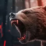A menacing grizzly bear with its mouth agape, fangs bared, and a fiery background. In the foreground, a stock market chart with red candlesticks indicates a sharp decline