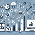 A graphic showing various business-related icons, including graphs, charts, money symbols, and a laptop for analysis of tcs share price