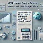 Isometric infographic illustrating the UPS Unified Pension Scheme, featuring a calculator, clock, piggy bank, and other financial elements.