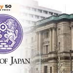 A close-up of the Bank of Japan logo, featuring two lions facing each other, with the text "Bank of Japan" and a photograph of the Bank of Japan building.