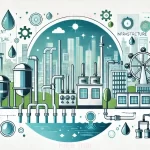 Denta Water IPO: A colorful illustration depicting a city with water infrastructure, including pipes, water treatment plants, and a water tower.